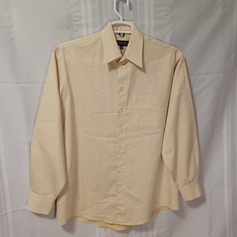 Kenneth Cole Dress Shirt Mens 16 34-35 Yellow Checkerboard Jacquard Long Sleeve